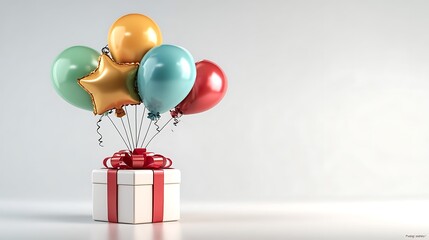 Festive gift box with colorful balloons and confetti