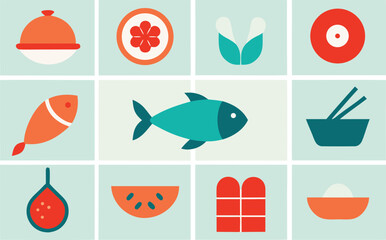 Vector illustration of 30 culinary fish seafood icons for scalable graphic design projects