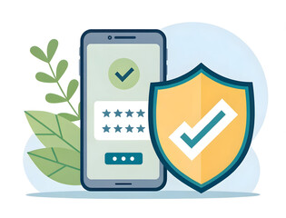 Smartphone authentication concept showing a successful login screen and a protective cyber security shield icon for data privacy