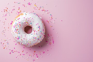 A large, round donut sits against a pink backdrop, topped with white icing and colorful sprinkles. Tiny bits of sprinkles are scattered around, adding charm to the scene