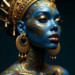 Obraz premium Model with intricate blue body art and elaborate jewelry AI Art