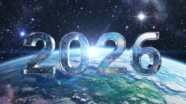 Year 2026 Futuristic Cosmic Background - The video features the numbers "2026" in a futuristic, transparent design against a backdrop of dreamy clouds, stars, and a cosmic planet.