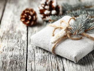 Fototapeta premium Gift wrapped in natural fabric with pine cones and branches 