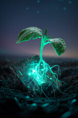 futuristic and eco-technological concept, combining elements of nature and technology. It features a vibrant green seedling emerging from a glowing, circuit-like structure embedded in the soil