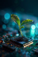 futuristic and eco-technological concept, combining elements of nature and technology. It features a vibrant green seedling emerging from a glowing, circuit-like structure embedded in the soil