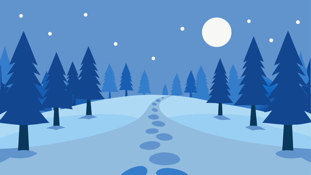 Winter landscape with trees and snow path