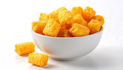 Bowl of golden-orange puffed snacks, some scattered beside it, against a plain white background
