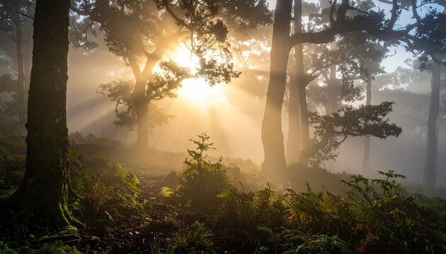 Sun rays filter through ancient trees in a foggy, moss-covered forest mist sunbeams