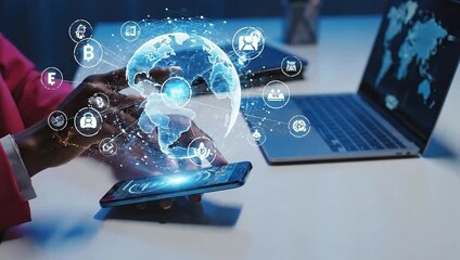 Global digital finance and cryptocurrency network projected from a smartphone - Powered by Adobe