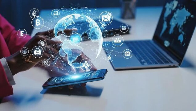 Global digital finance and cryptocurrency network projected from a smartphone