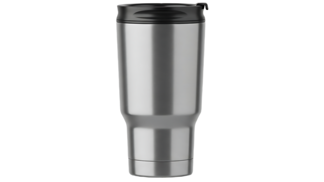 Isolated stainless steel tumbler with black lid on a black background in a studio setting view - Powered by Adobe