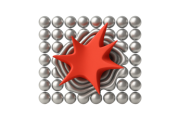 Digital Burst. Futuristic Abstract. System Error Notification. An isolated red explosion on a silver sphere grid as a PNG clip art on a transparent background for cybersecurity alerts.