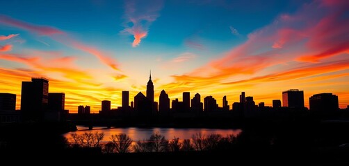 Philadelphia skyline silhouette at sunset, dark against vibrant sky, design, view