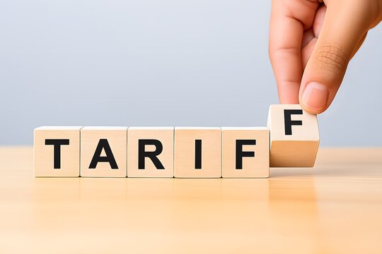 Tariff concept with hand adjusting wooden letter blocks, representing changes in trade policy, business regulation, import duties, and economic decision-making in global markets.