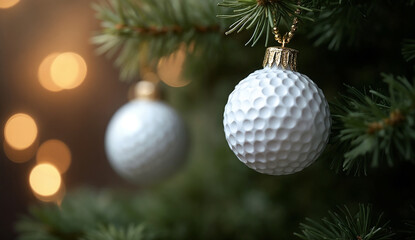 Golf ball ornaments hanging on Christmas tree with bokeh background