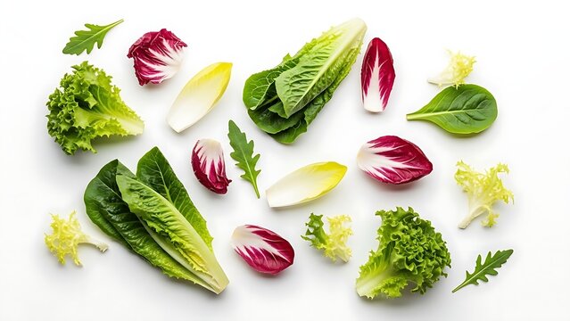 Fresh healthy salad greens mix various lettuce types and chicory leaves on white. - Powered by Adobe