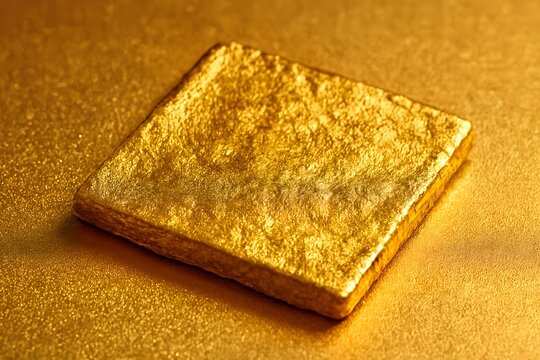 Close-up macro shot of a textured gold square sheet showcasing luxury metallic surface, shimmering detail, and premium golden material used in decoration, design, and artistic concepts.