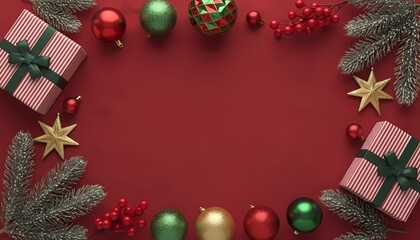 Festive Holiday Border with Gifts Ornaments and Pine Branches Copy Space for Text