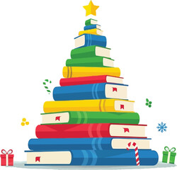 Festive Christmas tree formed from colorful books, adorned with a bright star, candy canes and gifts for a playful holiday learning concept
