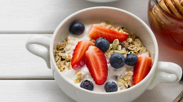 Healthy yogurt bowl with fresh strawberries and blueberries