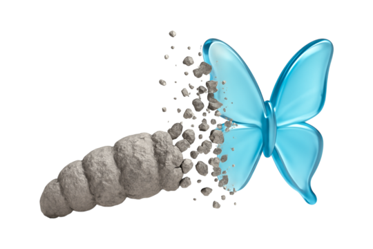 Butterfly Metamorphosis. Digital Art. Abstract Transformation. Evolution Change Growth. An isolated textured form dissolving into a luminous blue butterfly as a PNG clip art on a transparent bg