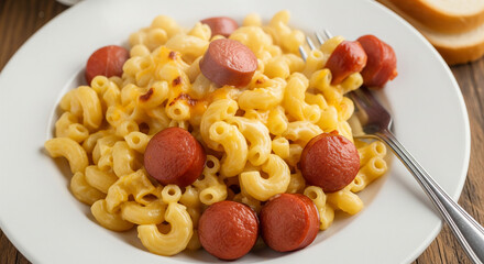 Classic school cafeteria lunch portion of macaroni and cheese with sliced sausages on white plate for food quality control concept