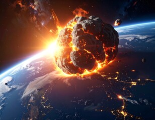 Asteroid impacts Earth, engulfed in fiery explosion over illuminated cities below. Space dust fills the vast sky