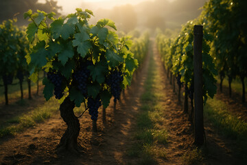Vineyard rows at sunrise with ripe grapes ready for harvest