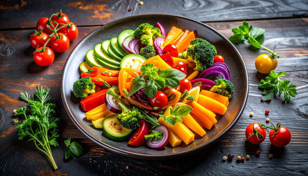 Vibrant Vegetable Platter with Fresh Ingredients on a Rustic Wooden Table fresh vegetables