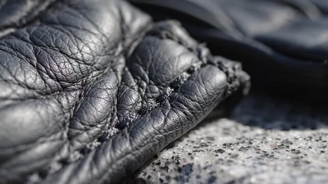 Macro photography of worn black leather jacket texture on stone surface