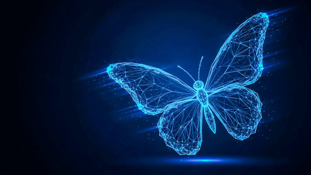 Futuristic digital butterfly with glowing blue polygonal mesh on a dynamic background, representing technology, AI, innovation, evolution, and digital transformation.
