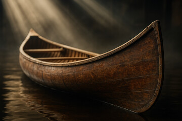 Wooden canoe floating on calm water with sunlight shining down