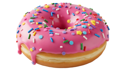 A close up of a doughnut with pink frosting and colorful sprinkles on a black background view from above