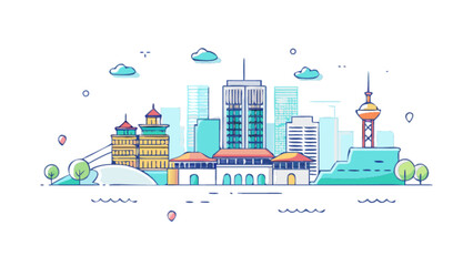 Stylized illustration of a modern city skyline with diverse architecture, including skyscrapers, traditional buildings, and a landmark tower by the water