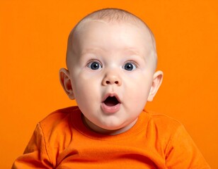Astonished baby with bright blue eyes and a wide open mouth against a solid orange background