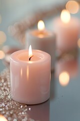 Candles with soft pink hues illuminate a smooth pastel surface, reflecting golden light. The scene sets a peaceful mood, ideal for relaxation or quiet reflection in the evening glow