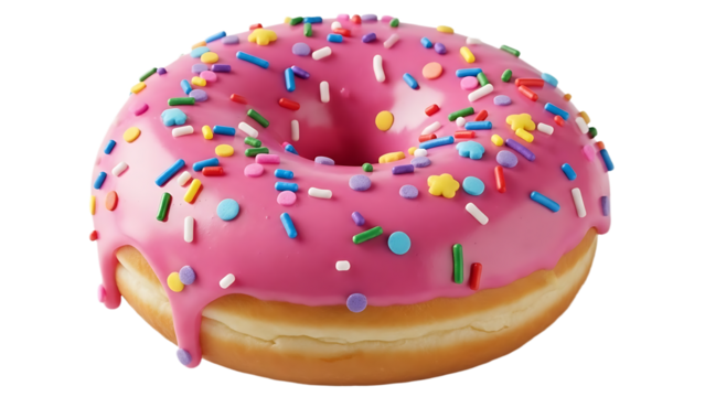 A close up of a doughnut with pink frosting and colorful sprinkles on a black background view from above
