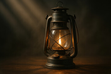 Vintage oil lamp with a warm glow against a dark, textured background