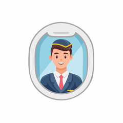 Obraz premium Smiling male flight attendant looking out of an airplane window.