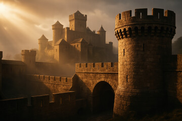 Medieval castle fortress with towers and bridge in a dramatic, atmospheric landscape