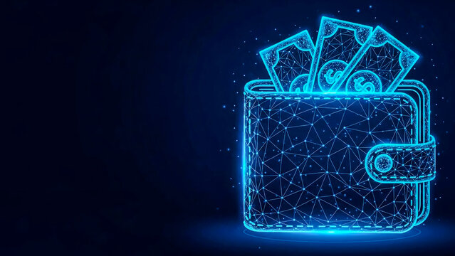 A futuristic polygonal wallet with luminous dollar bills and coins, symbolizing secure digital transactions, fintech innovations, and the evolving landscape of digital finance.