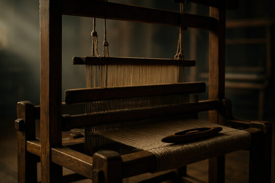 Antique wooden loom with yarn, weaving process, and traditional craftsmanship