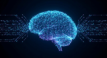 Digital brain visualization with glowing nodes and connecting circuits on a transparent backdrop