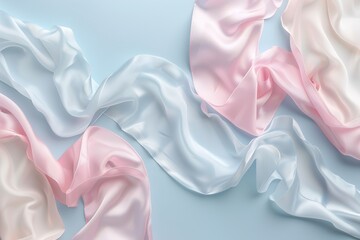 Soft satin ribbons in shades of pink and white curl gracefully along the top border of a large, empty surface, creating an elegant and serene atmosphere