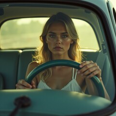 Vintage drive through golden fields at sunset Generative AI