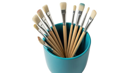 Isolated set of paintbrushes in a teal cup, art tools for painting, no background, rendering