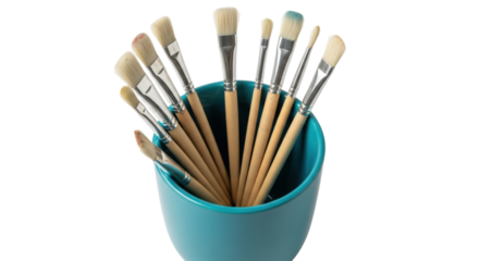 Isolated set of paintbrushes in a teal cup, art tools for painting, no background, rendering
