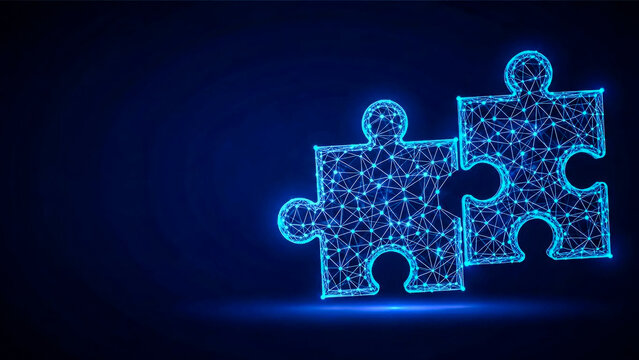 Two glowing blue low-poly puzzle pieces interlocking, symbolizing seamless connection, partnership, and successful completion in a high-tech environment solution.
