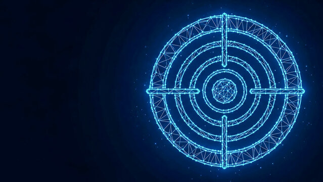 Luminous blue digital target or bullseye icon, formed by interconnected lines and dots. Visualizing precision, achievement, strategy, business goals, data insights, and technology concepts.