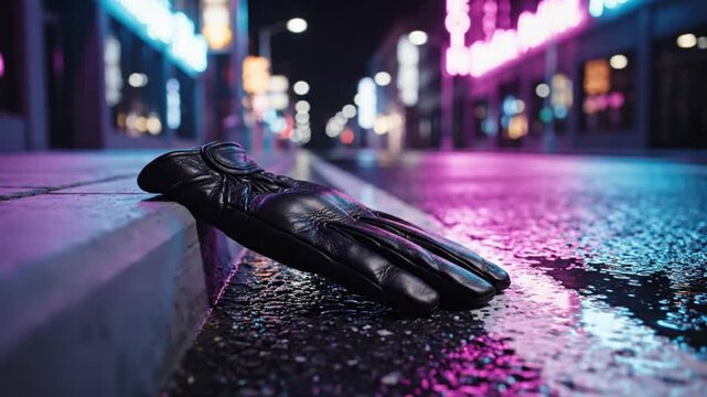 Lost black leather glove on wet pavement neon style